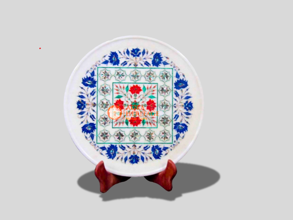 lapis Pietradura Semi Precious Stone Marble White Dish Plate